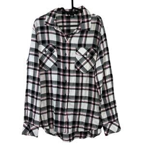 Sanctuary Boyfriend Shirt Small Black Pink White Plaid Print Gauzy Button Down